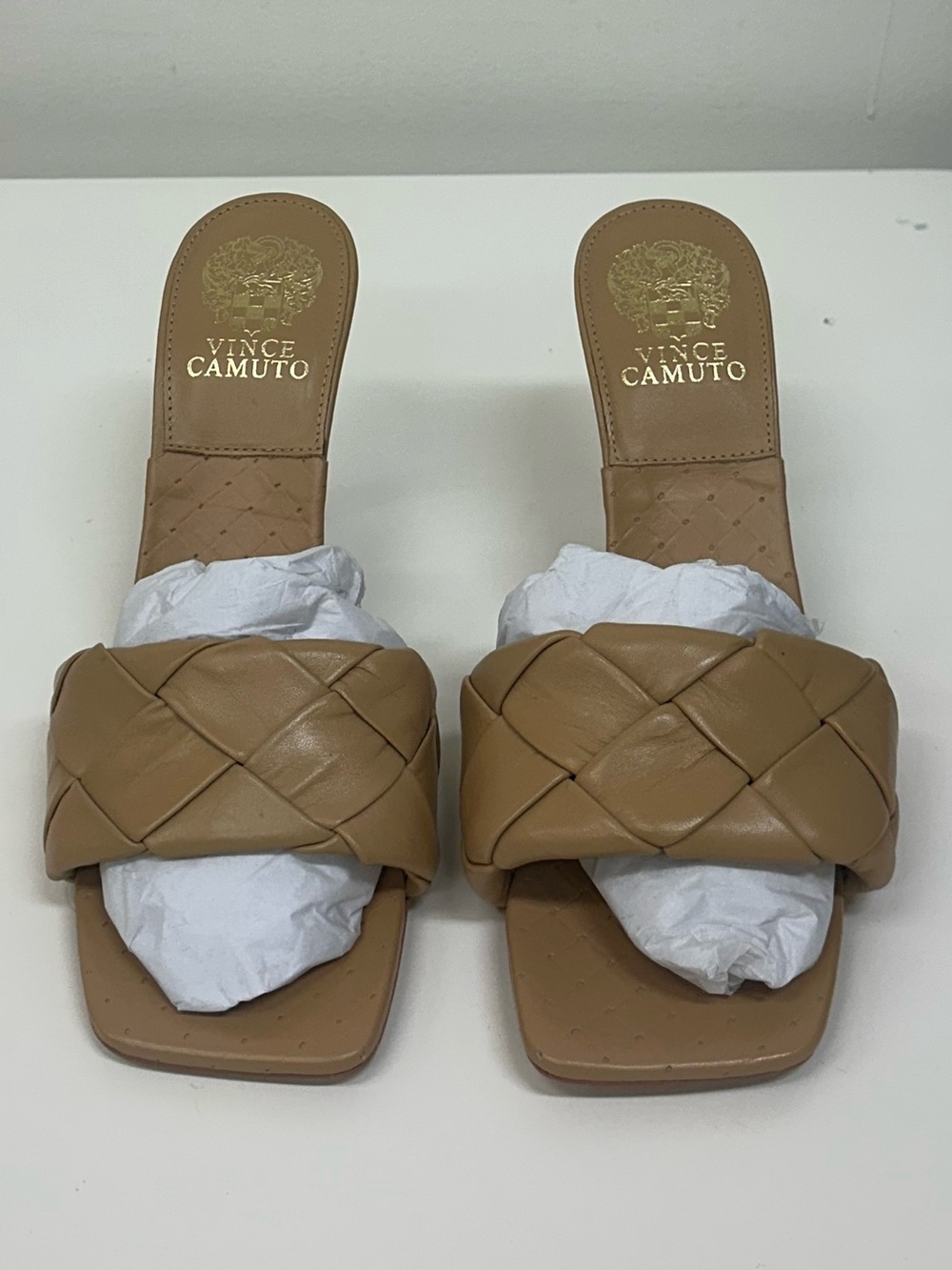 Vince Camuto tan woven mule heels